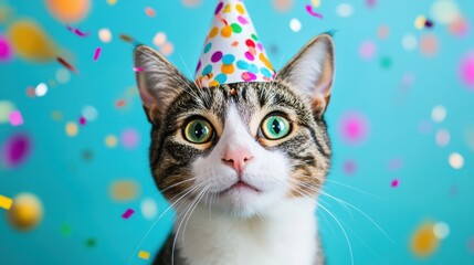 A playful cat dons a colorful party hat while colorful confetti fills the air, creating a joyful festive atmosphere