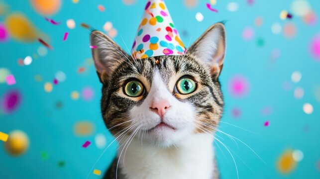 A playful cat dons a colorful party hat while colorful confetti fills the air, creating a joyful festive atmosphere