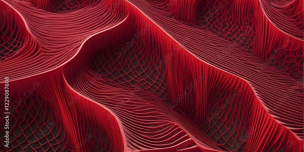 Poster abstract rendering of organic grid structure in a complex pattern in red color, ai generated