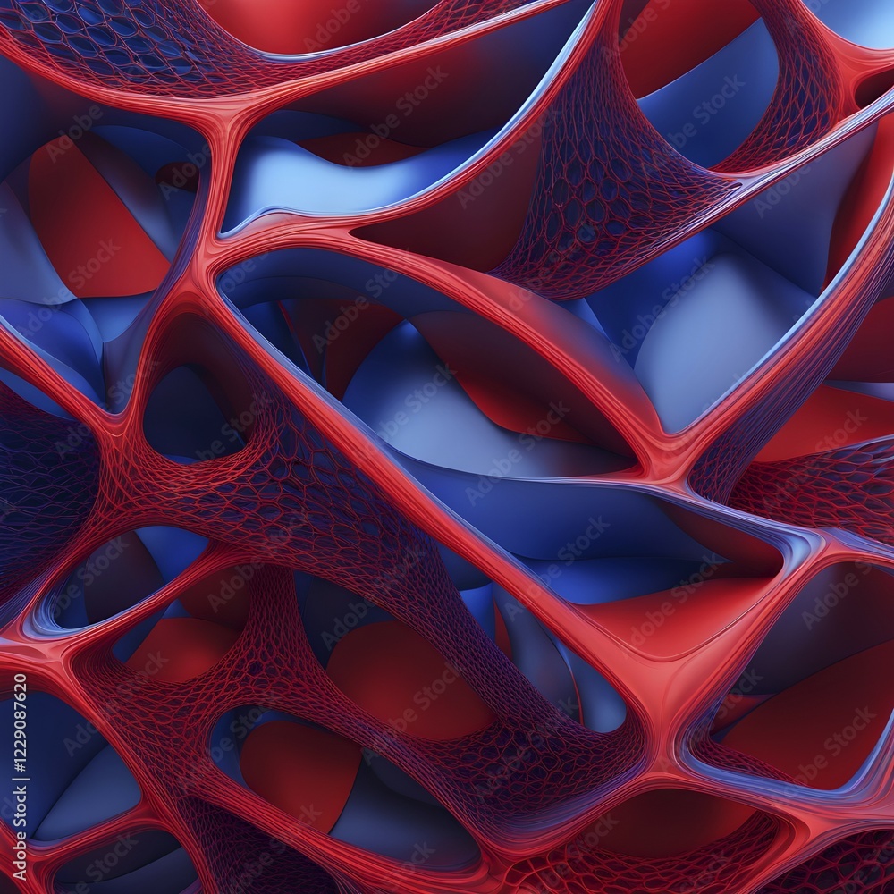 Poster abstract rendering of organic grid structure in a complex pattern in blue and red colors, ai generat