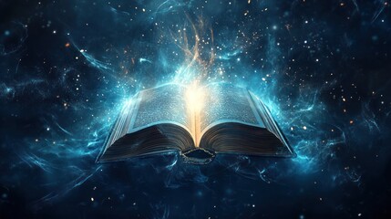 Glowing ancient book, cosmic background, magic, fantasy