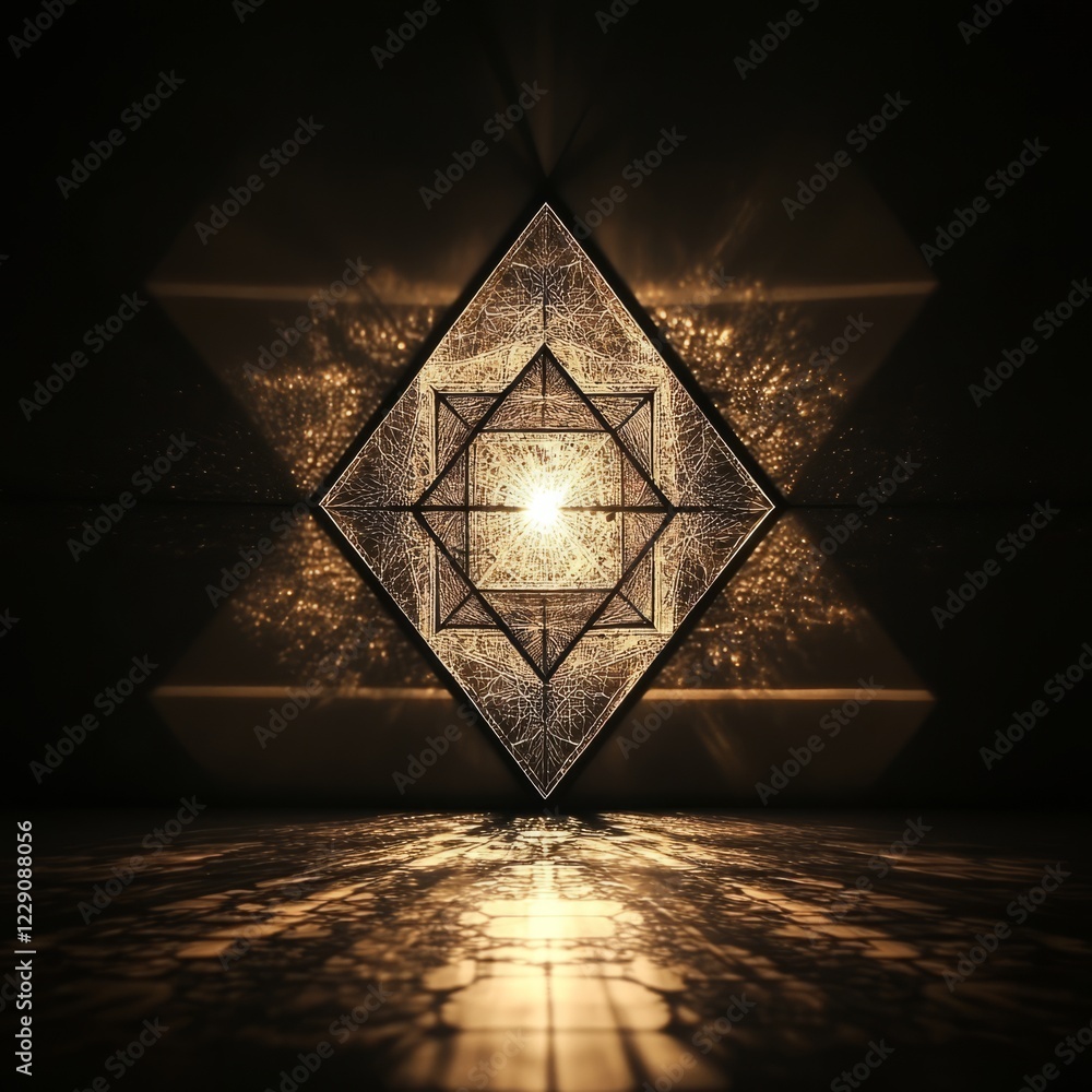 Poster intricate geometric light installation casting warm patterns in a dark room, creating a mesmerizing 