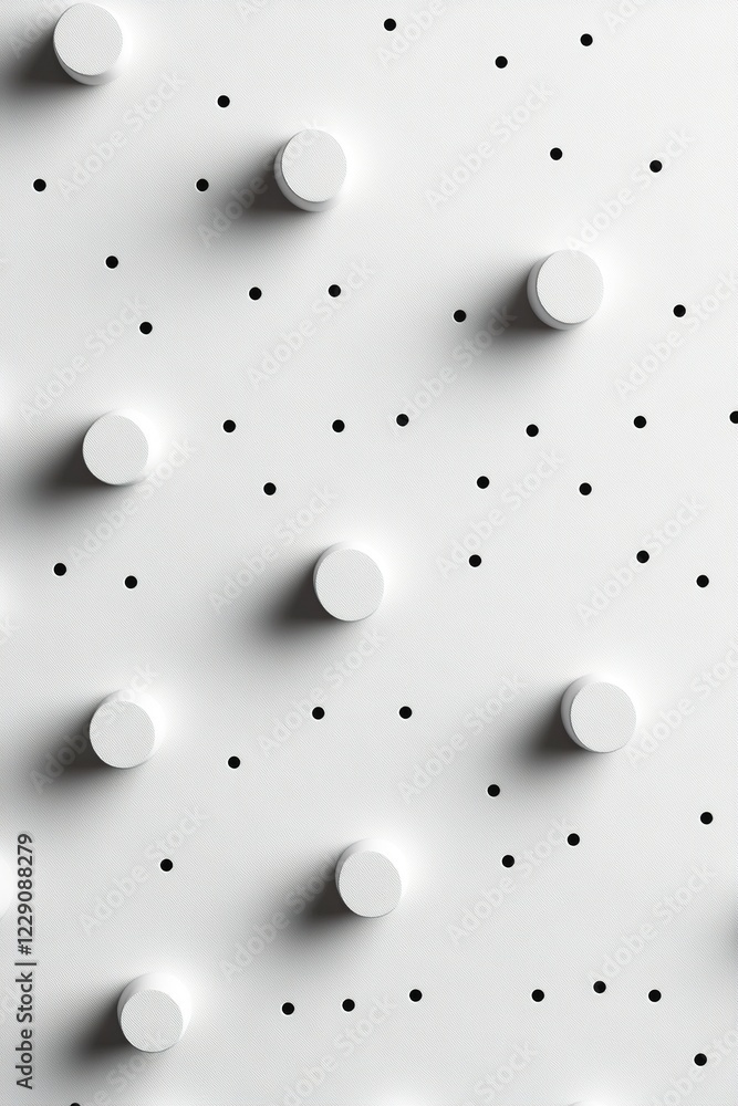 Poster a minimalist design showcases a grid pattern featuring black dots on a white backdrop. white cylindr