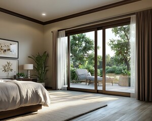 Open-concept master bedroom with sliding glass doors to a private patio