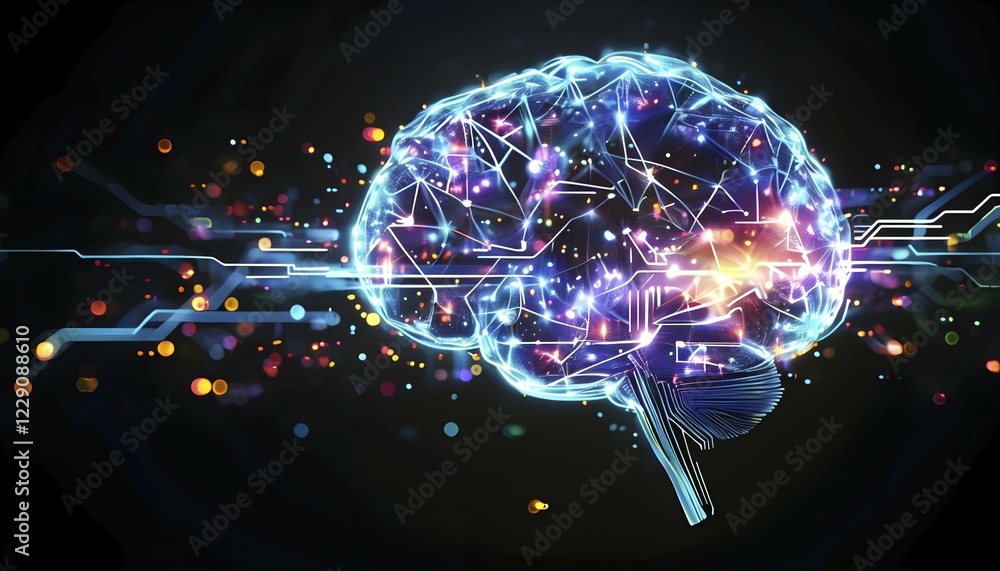 Aufkleber abstract digital brain made of interconnected lines and glowing circuits in neon colors, representin