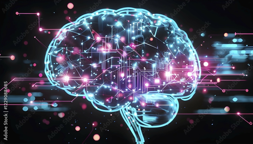 Poster abstract digital brain made of interconnected lines and glowing circuits in neon colors, representin