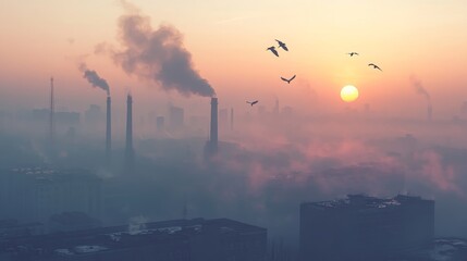 Fototapeta premium A breathtaking industrial skyline at sunrise, surrounded by smoke and fog. Birds soar gracefully through the hazy atmosphere, embodying freedom amidst pollution.