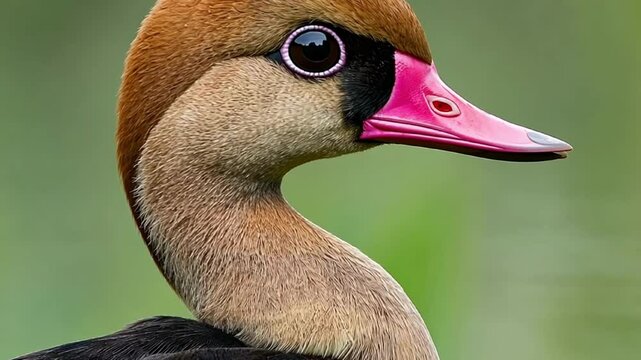 Vibrant blackbellied whistling duck turning head amidst greenery in sharp focus