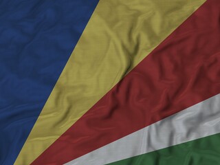 The flag of Seychelles features diagonal bands of blue, yellow, red, white, and green from the bottom left corner, Fabric Ruffled Flag Background