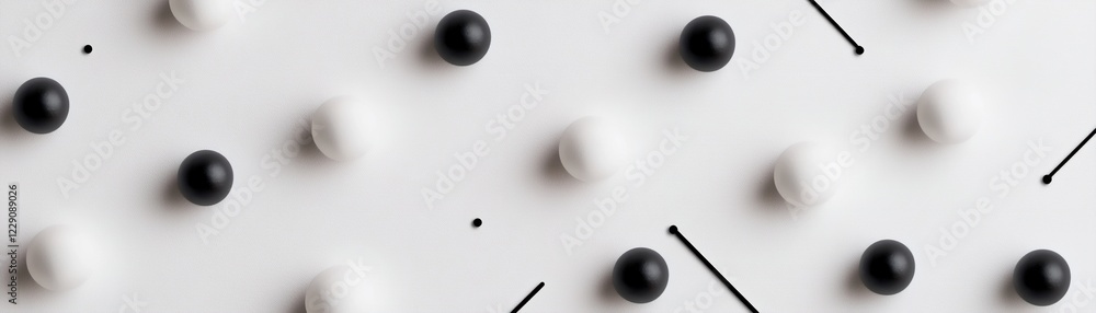 Sticker Black and white dots are perfectly aligned on a clean surface, creating a visually striking grid pattern accompanied by thin lines. This setup emphasizes symmetry and balance