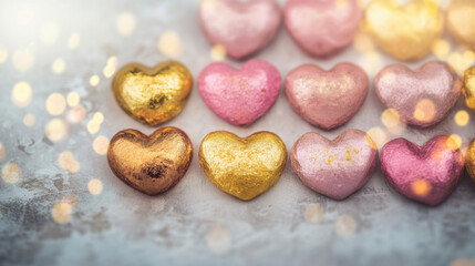 Obraz premium Pink, gold, and bronze foil-wrapped chocolate hearts arranged on a textured surface, surrounded by warm bokeh lights for a romantic touch.