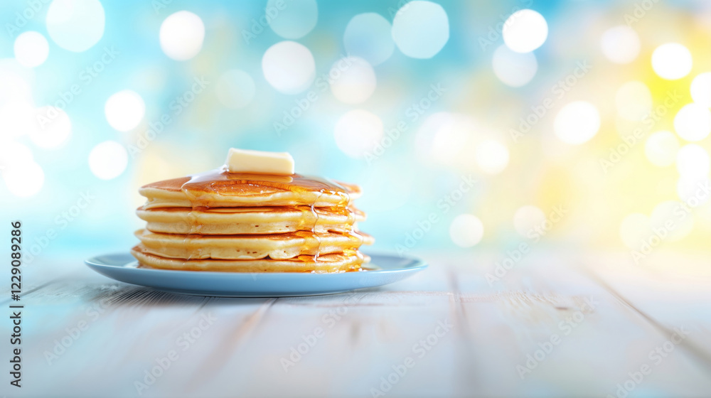 Poster a stack of fluffy pancakes topped with a pat of butter and syrup, placed on a plate with a soft boke
