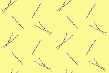 Seamless pattern of watercolor willow branches on yellow
