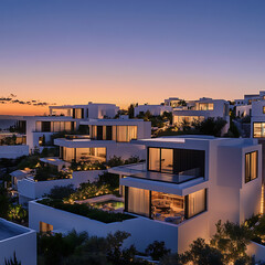 Breathtaking view of Santorini, Greece, sunset over white houses with blue rooftops, ultra-realistic, high dynamic range, 8K resolution, travel photography style