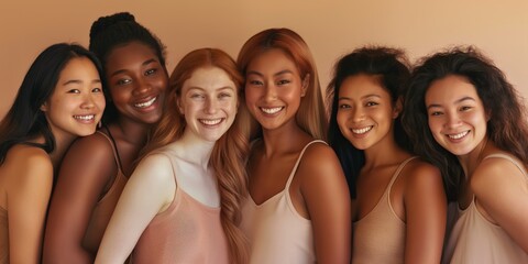 Obraz premium A diverse group of women smiling in natural light, displaying authentic beauty, cheerful connection, joyful emotions, and supportive unity embodying harmony and solidarity among multicultural friends