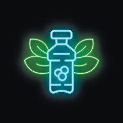 Neon sign of blueberry juice in a bottle with green leaves on black background, great for healthy lifestyle