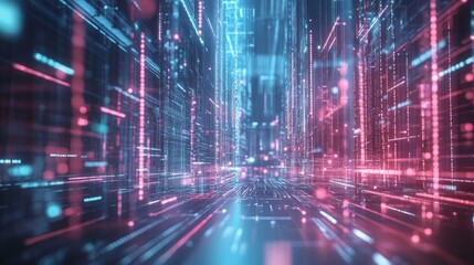Naklejka premium Immersive Cyber Landscape: A Futuristic Glimpse into Digital Technologies and Data Networks