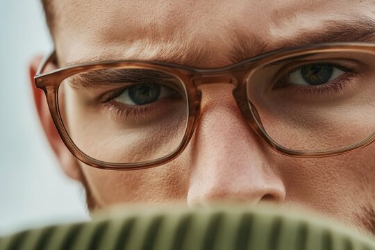 Intense gaze of a young man with glasses showing emotion and focus in a close-up portrait