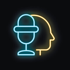 Neon icon of a podcast guest speaking into a microphone with black background
