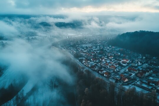 Aerial view of Backnang, Germany showcasing foggy landscape before Christmas, Aerial view of Backnang, germany before Christmas on a cloudy afternoon in December
