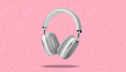 Modern art collage headphones on pink background