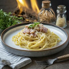 Food, pasta dish, spaghetti carbonara, AI generated, AI generated
