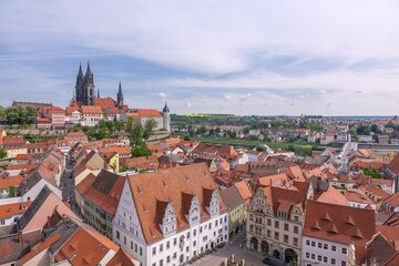 Fototapeta premium View from the tower of the Frauenkirche on the market with town hall, castle hill with Albrechtsburg and Cathedral, Meissen, Saxony, Germany, Europe