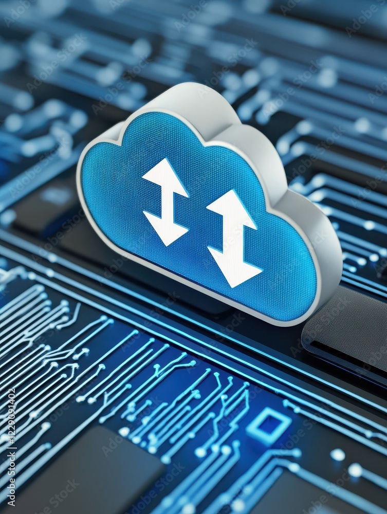 Poster cloud and internet information storage concept with digital cloud icon with arrow up with microcircu