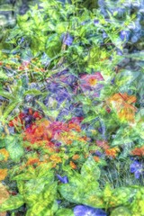 Oilpainting-like photograph, diverse flowers, red, orange and purple flowers creative, different plants mixed, artistic photograph, purple flowers alienated, plants, impressionistic art style, vivid spring atmosphere, allover, alienation, dense flower field, soft colours, soft, fragrant, overlapping, glazing, green leaves, carpet of flowers, sea of flowers, garden, flowerbed, plants, Germany, Europe