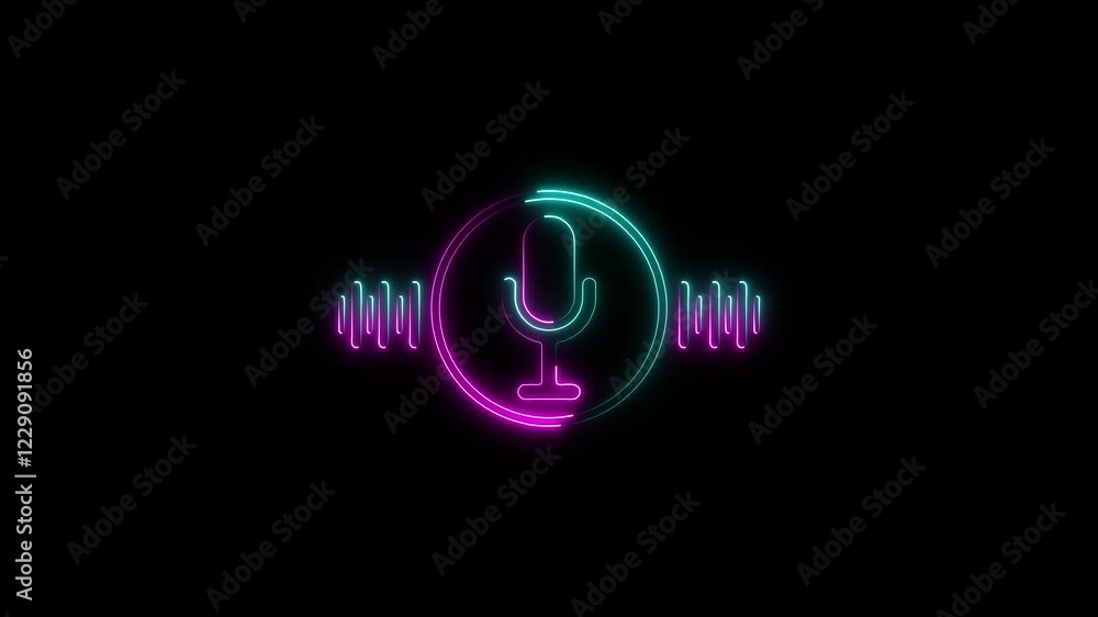 Poster neon glowing voice recording podcast mic microphone icon animation. audio wave microphone icon anima