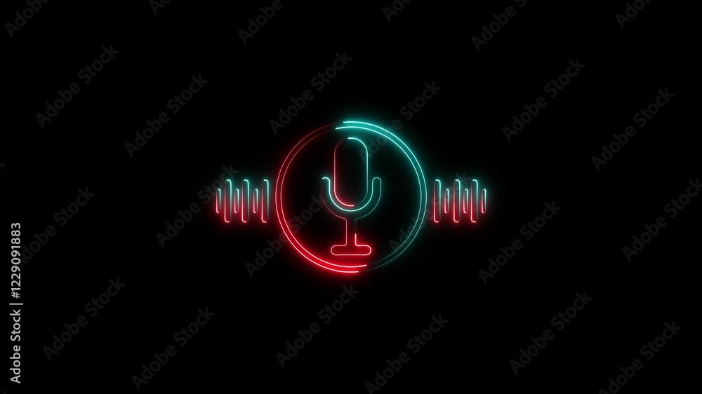 Poster neon glowing voice recording podcast mic microphone icon animation. audio wave microphone icon anima