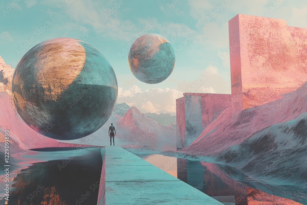 Poster a surreal scene featuring floating spheres and abstract structures in a pastel-colored desert landsc
