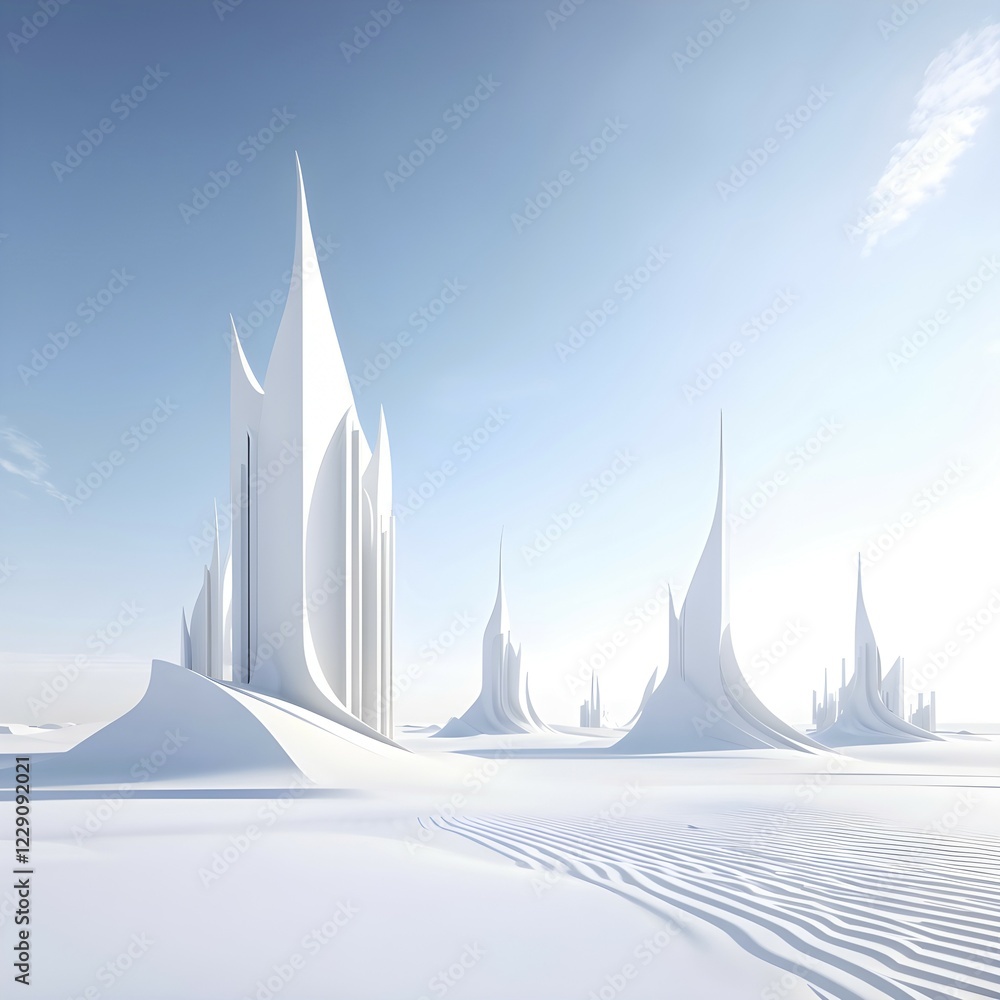 Poster 3d render of a futuristic white minimalist architecture with geometric shapes in surreal backdrop, a