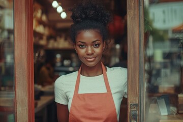 Charming african waitress smiles warmly at camera in cozy cafe during midday service, Cute african waitress in apron looking at camera and welcoming guests at door of cafe