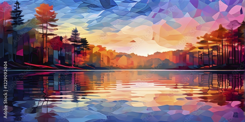 Poster ai generated illustration of a serene lake with reflections on the surface replaced with shimmering 