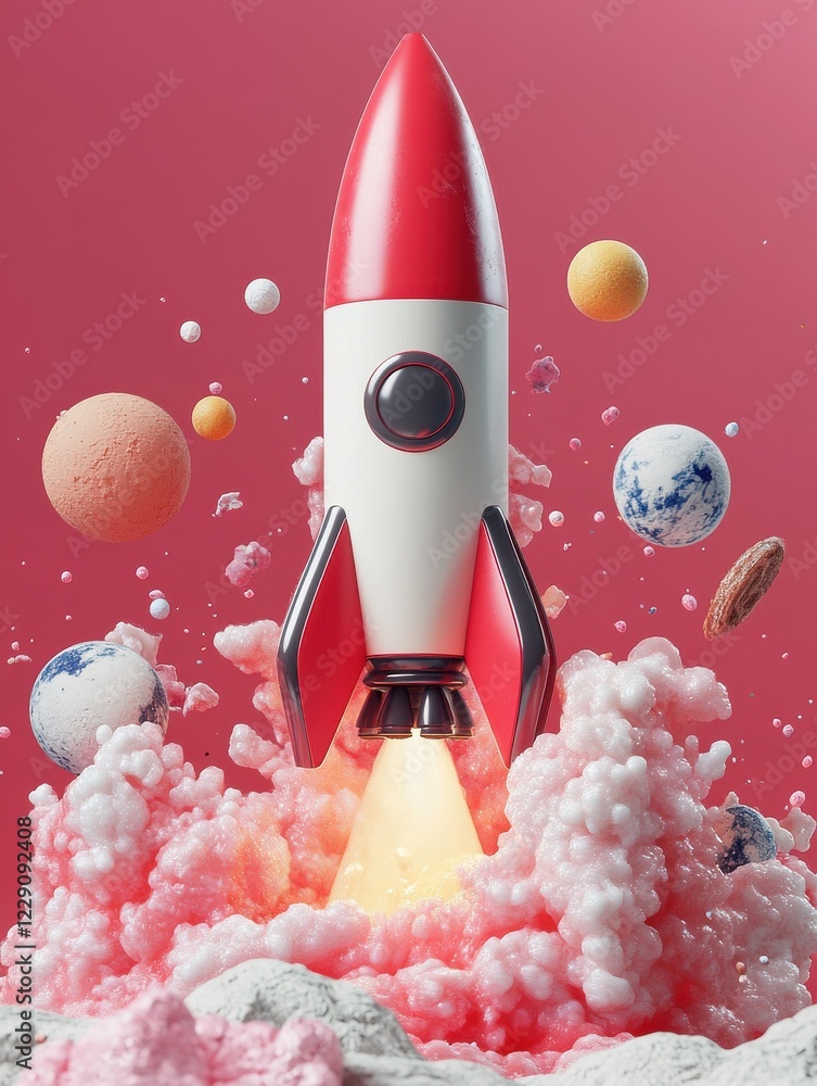 Aufkleber launching new product or service. technology development process. space rocket launch. 3d render.