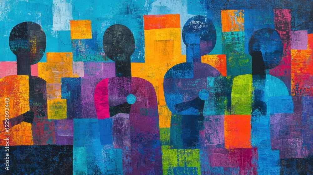 Poster vibrant abstract artwork illustrates figures with unique shapes and colors, creating a lively and en