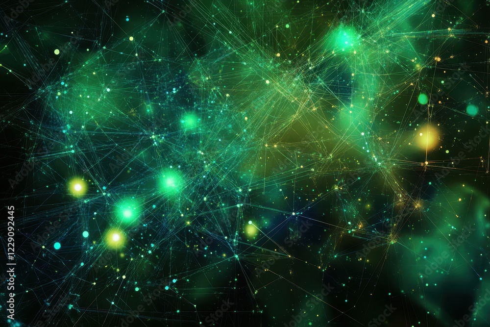 Poster Network of connections and data processing intertwining across a dark background with vibrant green and yellow hues, globe and data processing over network of connections