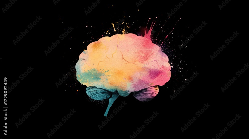 Poster a vibrant brain appears splashed with bright colors, symbolizing creativity and artistic expression 