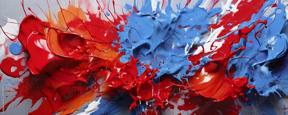 Poster ai generated abstract art showcasing a dynamic splash of blue and red colors in panoramic format