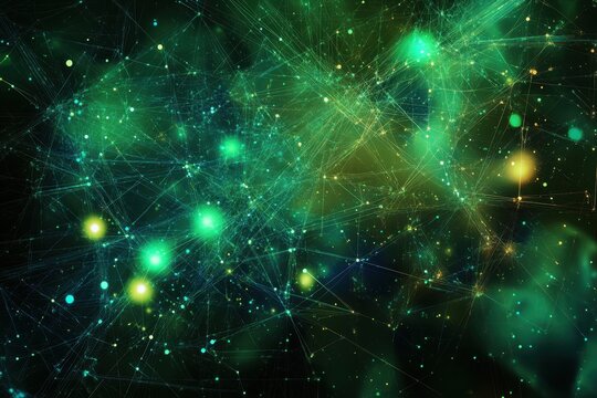 Network of connections and data processing intertwining across a dark background with vibrant green and yellow hues, globe and data processing over network of connections