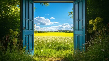 Open door on green field and blue sky with white clouds background.