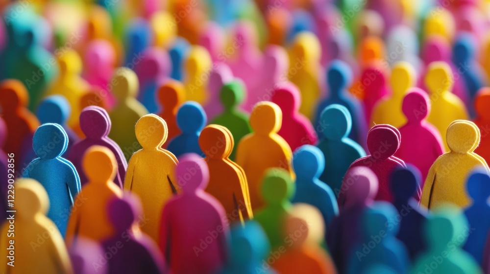 Poster crowd of multicolored paper cutout figures stands together, showcasing diversity and unity in an eng