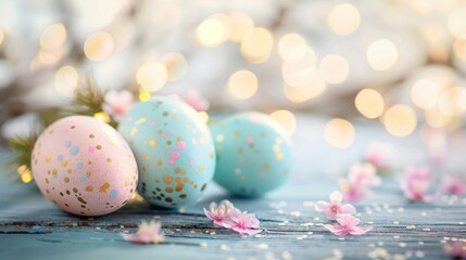 Fototapeta premium Colorful Easter eggs on a rustic table, surrounded by spring flowers and soft lights, enhance the festive celebration