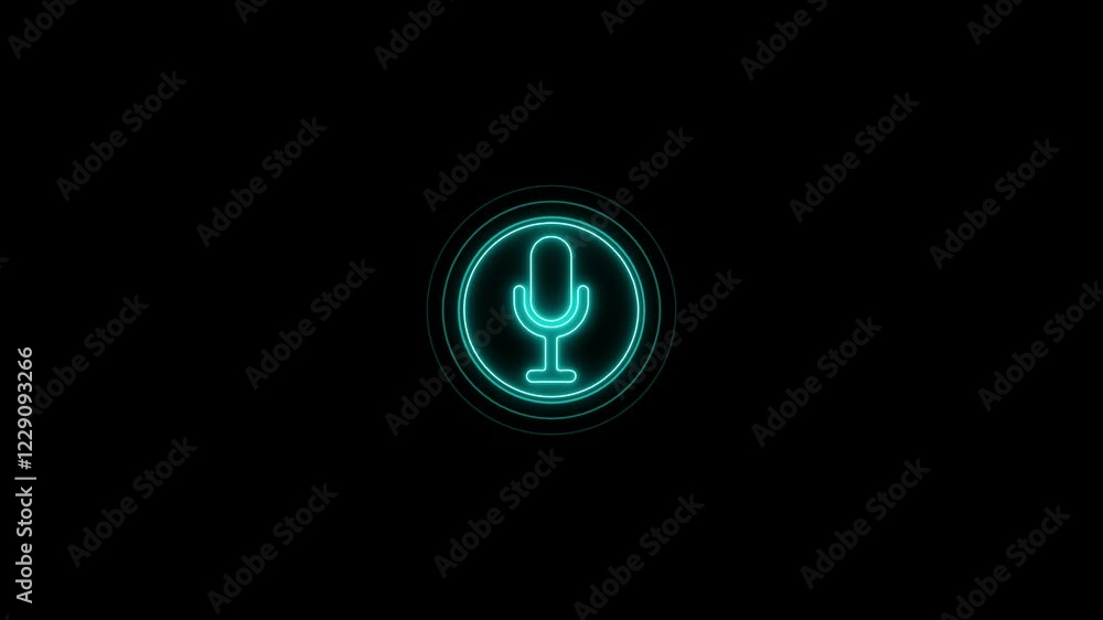 Poster podcast recording audio icon with microphone and wave form of sound or music. neon microphone icon a