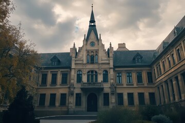 Obraz premium University of Technology and Economics showcases its historic architecture under a cloudy sky, Pan across the University of Technology and Economics in Budapest on a cloudy day