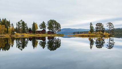 Autumnal landscape with lake, reflection, Norrbottens, Norrbottens län, Laponia, Lapland, Sweden,...