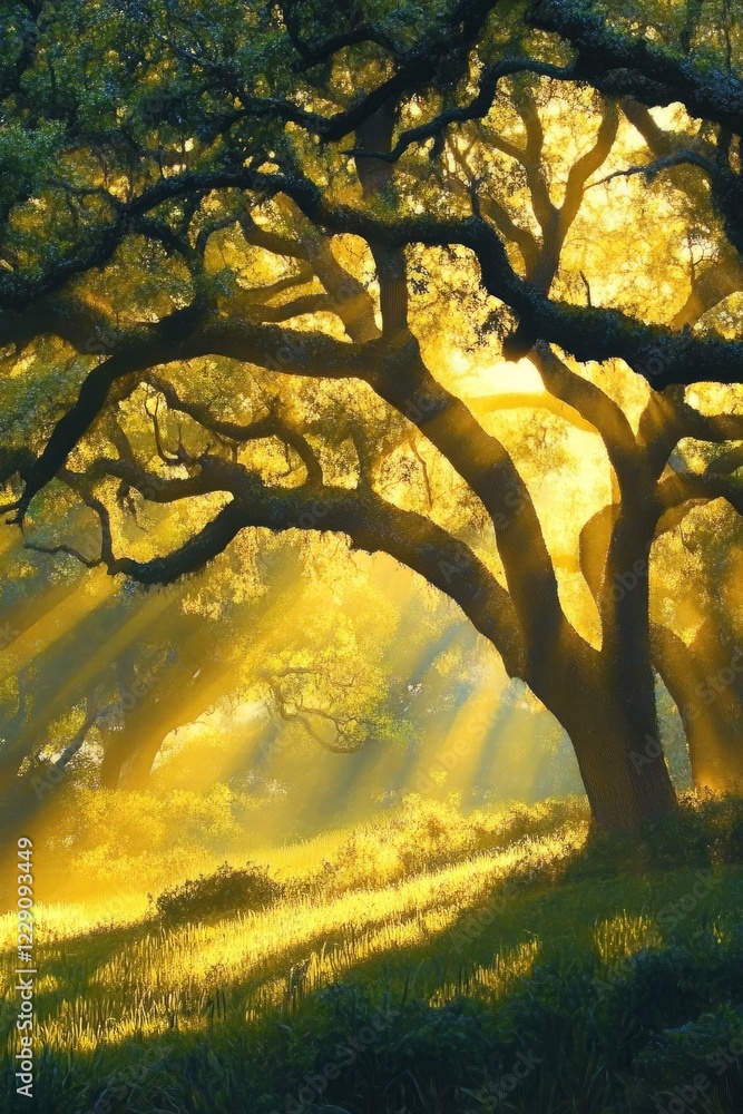 Poster sunlight filters through the branches of a grand oak tree, casting golden rays and creating a tranqu