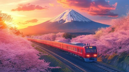 Cherry blossom with Red train in spring in Japan or Korea is the popular view spot,Illustration of Japanese spring,Panorama travel,tour advertising of world famous landmarks of Japan,autumn season.