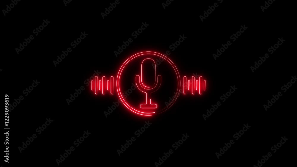 Poster neon glowing voice recording podcast mic microphone icon animation. audio wave microphone icon anima